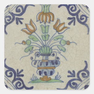 Adesivo Quadrado Vaso de Tulipa Holandesa em Azulejo Delft Antigo: