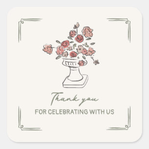 Adesivo Quadrado Vaso Floral de Salva Vermelha Desbotada Desenhada 