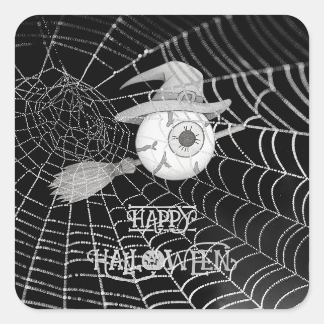 Adesivo Quadrado Vassoura-de-bruxa do Halloween, olho assustador, t (Frente)