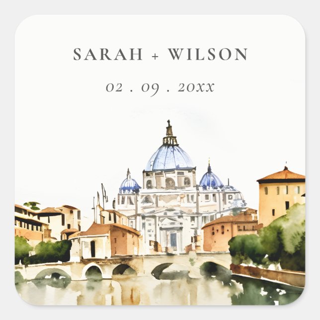 Adesivo Quadrado Vaticano Roma Itália Watercolor Landscape Weding (Frente)