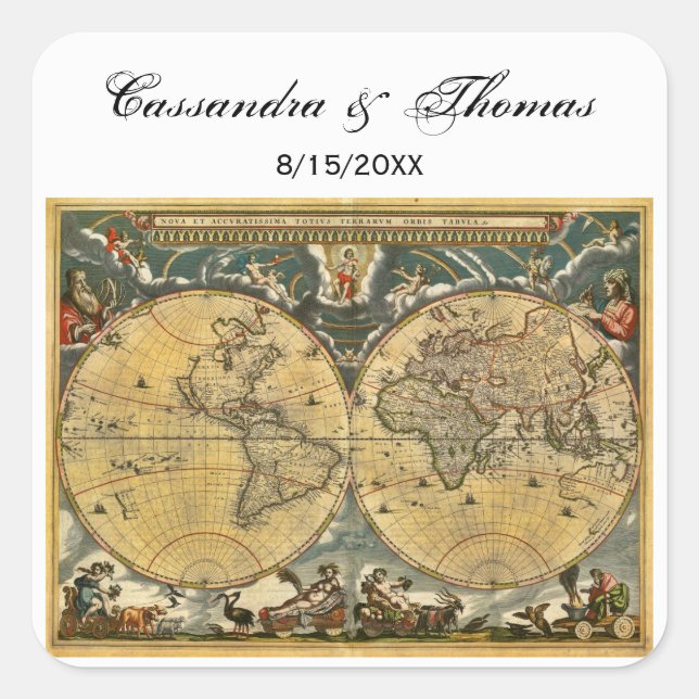 Adesivo Quadrado Vedantes de envelopes brancos BG do Mapa Mundial A (Frente)