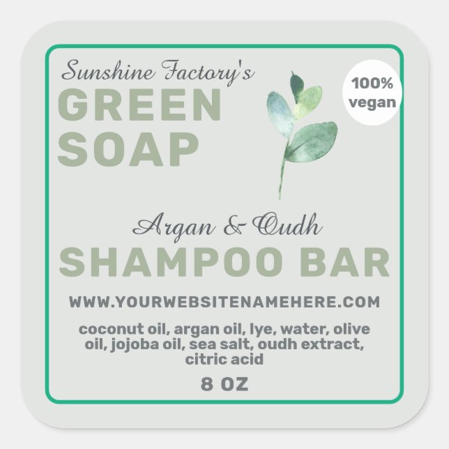 Adesivo Quadrado Vegan Soap Shampoo Bar Green Square Sticker (Frente)