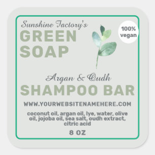 Adesivo Quadrado Vegan Soap Shampoo Bar Green Square Sticker