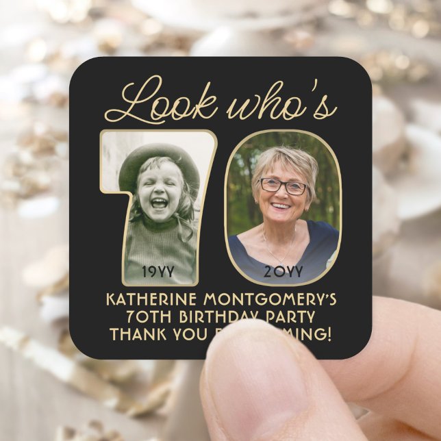 Adesivo Quadrado Veja quem tem 70 fotos em preto e Dourado Festa de (Criador carregado)