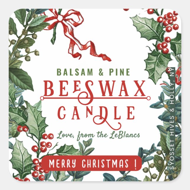 Adesivo Quadrado Vela de Natal com Holly e Berry Border (Frente)
