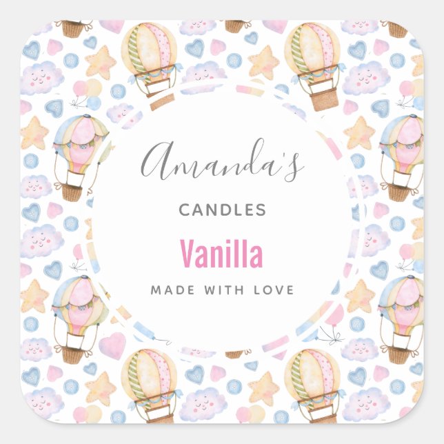 Adesivo Quadrado Vela de Padrão de Aquarela de Balão de Ar Quente (Frente)