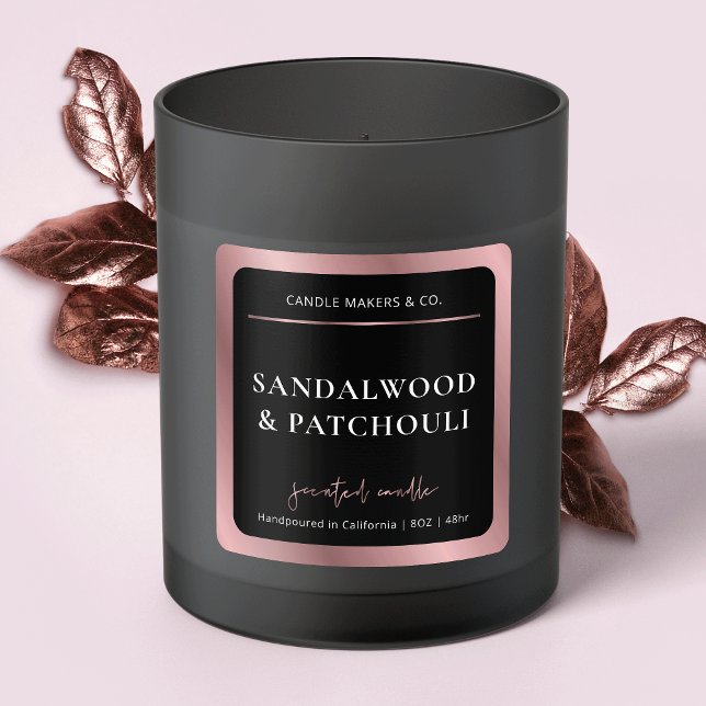 Adesivo Quadrado Vela Moderna de Script Preto e Dourado Elegante (Luxurious black and rose gold square product stickers - great for candles, diffusers, wax melts)