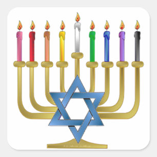 Adesivo Quadrado Velas de Arco-íris de Hanuka Menorah Dourada