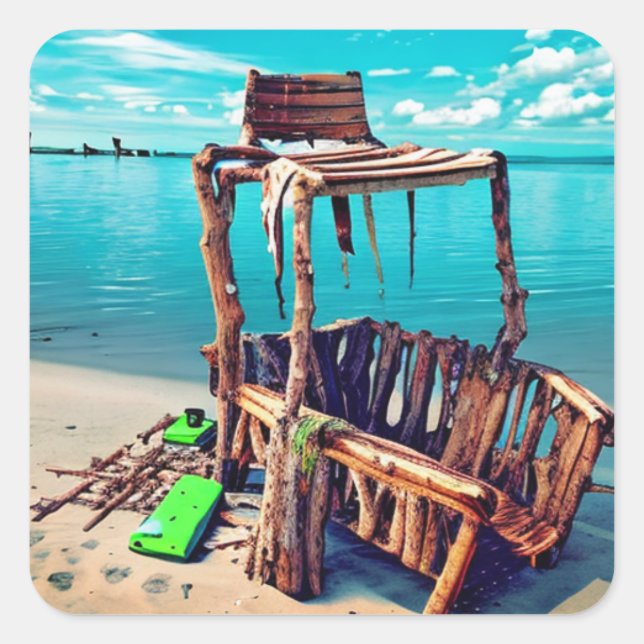 Adesivo Quadrado Velha salva-vidas deserta na praia abandonada (Frente)