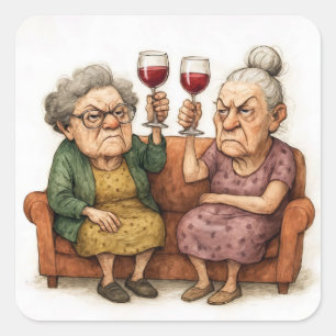 Adesivo Quadrado Velhas Mal-Humoradas Com Vinho Tinto
