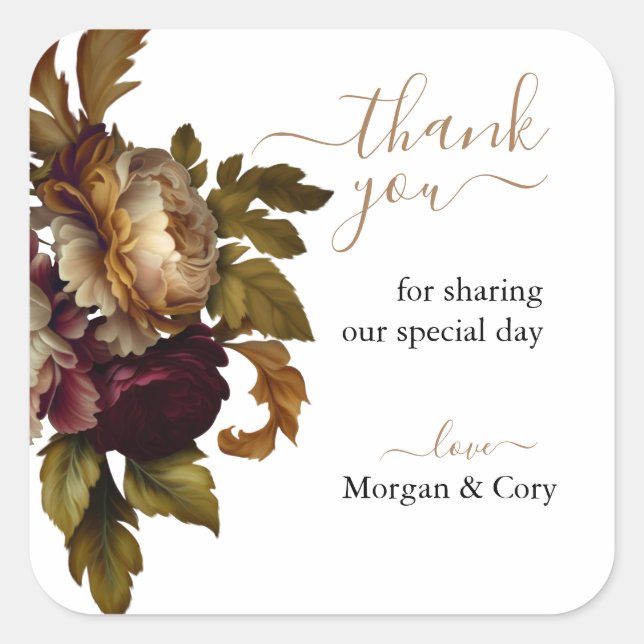 Adesivo Quadrado Velho Mundo Floral Casamento Obrigado (Frente)