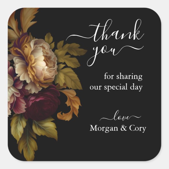 Adesivo Quadrado Velho Mundo Floral no Casamento Negro Obrigado (Frente)