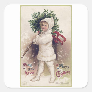 ADESIVO QUADRADO VELOPE: VINTAGEM: GAROTA + ÁRVORE DE NATAL