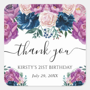 Adesivo Quadrado Verão de Flores Roxas e Azuis Aniversário