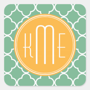 Adesivo Quadrado Verde chique Quatrefoil da cerceta com monograma
