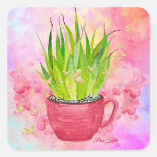 Adesivo Quadrado Verde-d'água com Suculentes Dicas Rosa