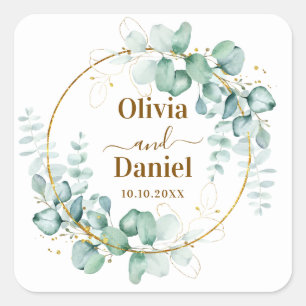 Adesivo Quadrado Verde Dourado Botânico Personalizado Salvar a Data