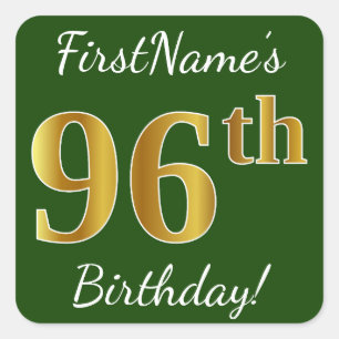 Adesivo Quadrado Verde, Faux Dourado 96º Aniversário + Nome Perso