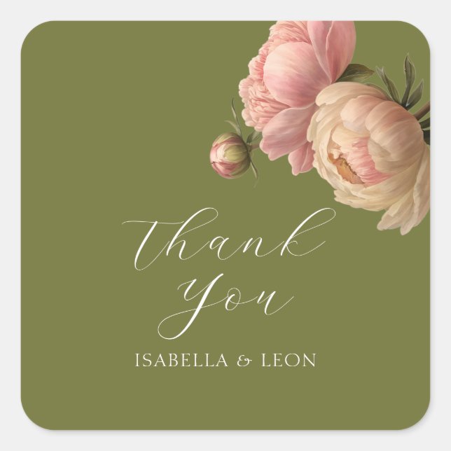 Adesivo Quadrado Verde-oliva | Casamento com Rosa de Script de Blus (Frente)