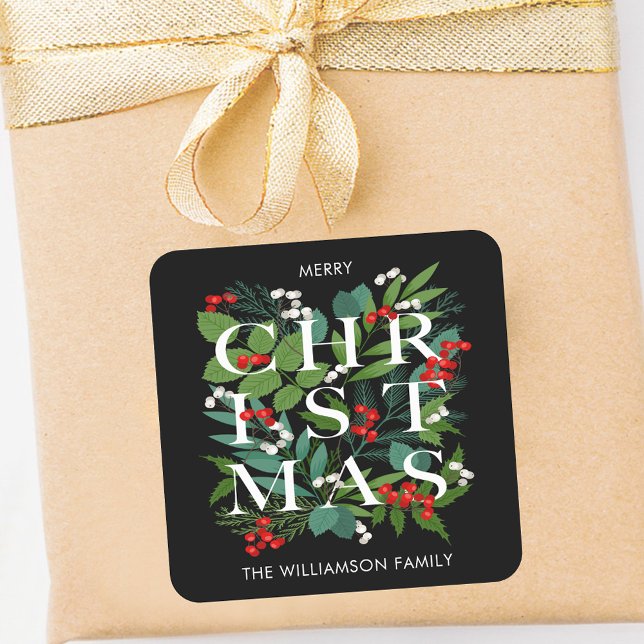 Adesivo Quadrado Verdes e Bagas de Natal (CHRISTMAS greenery and berries black holiday personalized square stickers)