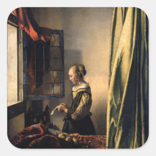 Adesivo Quadrado Vermeer - Rapariga lendo uma carta em uma janela a