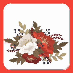 Adesivo Quadrado Vermelho de inverno e floral branco