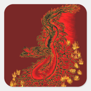 Adesivo Quadrado Vermelho do dragão de China e design do ouro