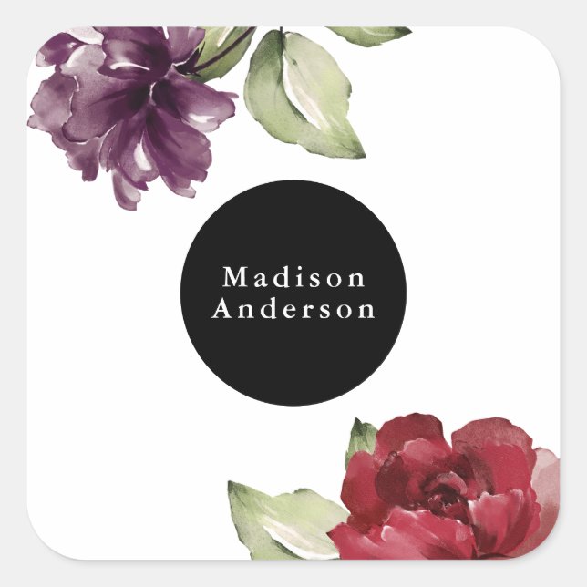 Adesivo Quadrado Vermelho Elegante e Plum Watercolor Floral (Frente)