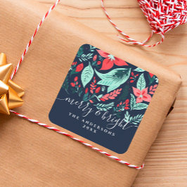 Adesivo Quadrado Vermelho Floral Botânico Azul Natal Festa