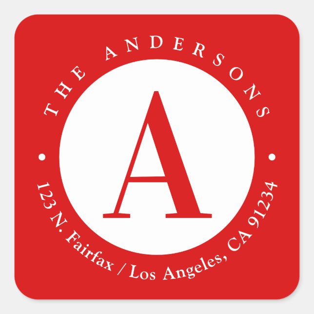 Adesivo Quadrado Vermelho | Monograma de Círculo de Endereço de Ret (Frente)