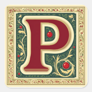 Adesivo Quadrado Vermelho Natal e Carta Verde P com Dourado