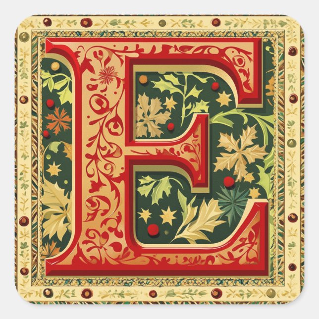 Adesivo Quadrado Vermelho Natal e Verde "E" com Dourado (Frente)