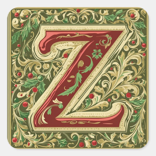 Adesivo Quadrado Vermelho Natal e Z Dourado com Destaques Verdes (Frente)