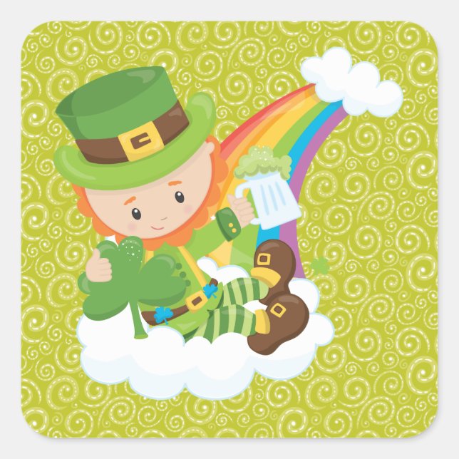 Adesivo Quadrado Vermelhos Amarelos Leprechaun e Rainbow Sticker (Frente)