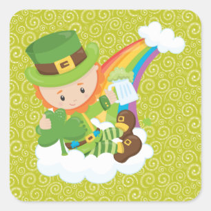 Adesivo Quadrado Vermelhos Amarelos Leprechaun e Rainbow Sticker