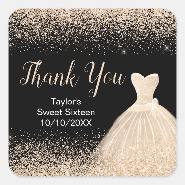 Adesivo Quadrado Vestido de Champanhe Faux Glitter Sweet 16 Anivers (Frente)