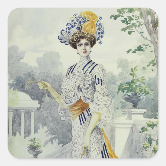Adesivo Quadrado Vestido francês da moda branca vitoriano-vindima (Frente)