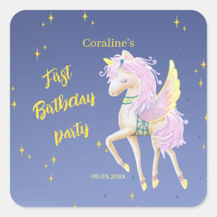 Adesivo Quadrado Vestido para o primeiro aniversário com um unicórn