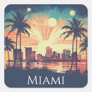 Adesivo Quadrado Viagem ao Nascer do Sol em Miami Florida Vintage R