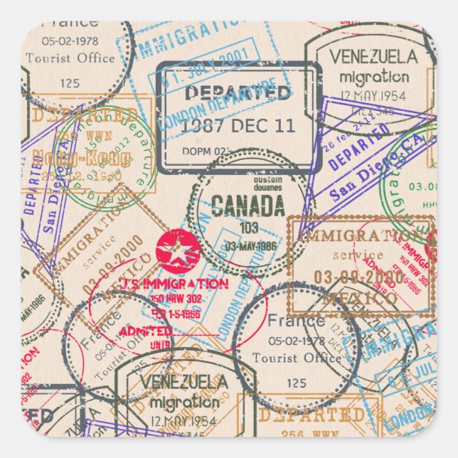 Adesivo Quadrado Viagem de Carimbos do Passport (Frente)