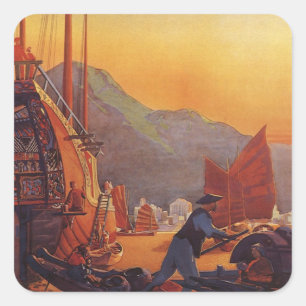 Adesivo Quadrado Viagens Antigas, Avião Sobre Junkes em Hong Kong