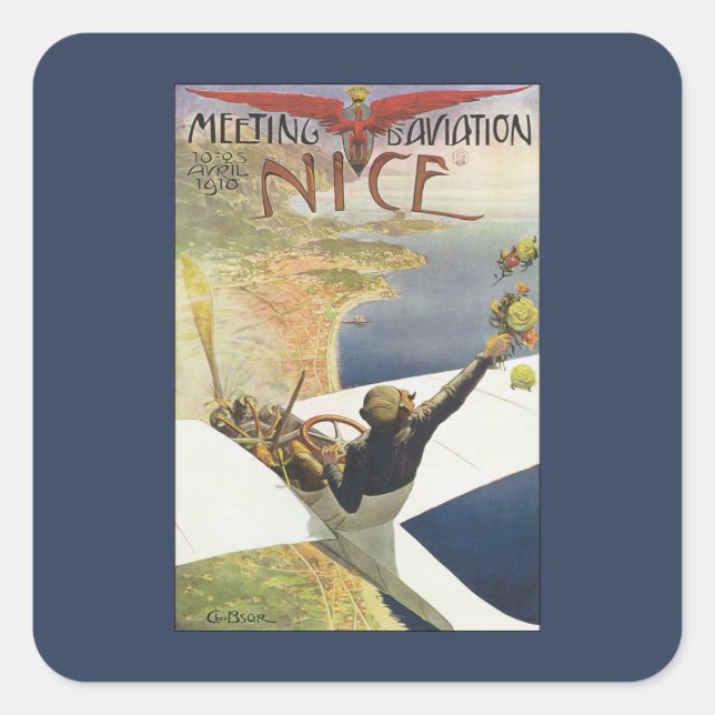 Adesivo Quadrado Viagens vintage, avião sobre Nice França (Frente)