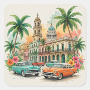 Adesivo Quadrado Viagens Vintage Cuba - Saudações de Havana