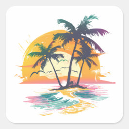 Adesivo Quadrado Víblias Tropicais Sunset - Palm Trees & Beach Desi