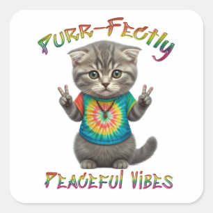 Adesivo Quadrado Vibrações Pacíficas de Gatinho Boho Hippie 