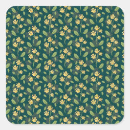 Adesivo Quadrado Vibrant Green Pattern with Yellow Flowers & Leaves