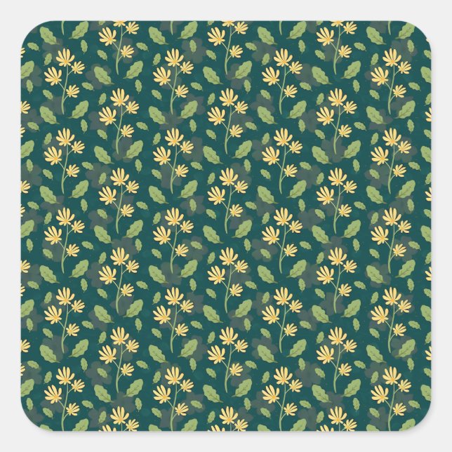 Adesivo Quadrado Vibrant Green Pattern with Yellow Flowers & Leaves (Frente)