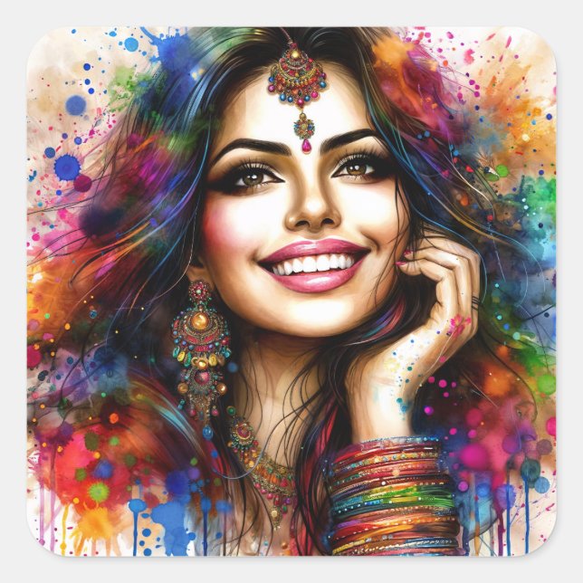 Adesivo Quadrado Vibrant Indian Beauty Festival Art (Frente)