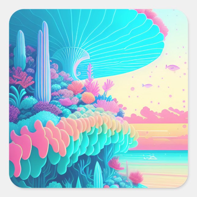 Adesivo Quadrado Vibrant Neon Coral Garden Sticker (Frente)