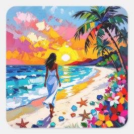 Adesivo Quadrado Vibrant Sunset Abstract Beach Scene
